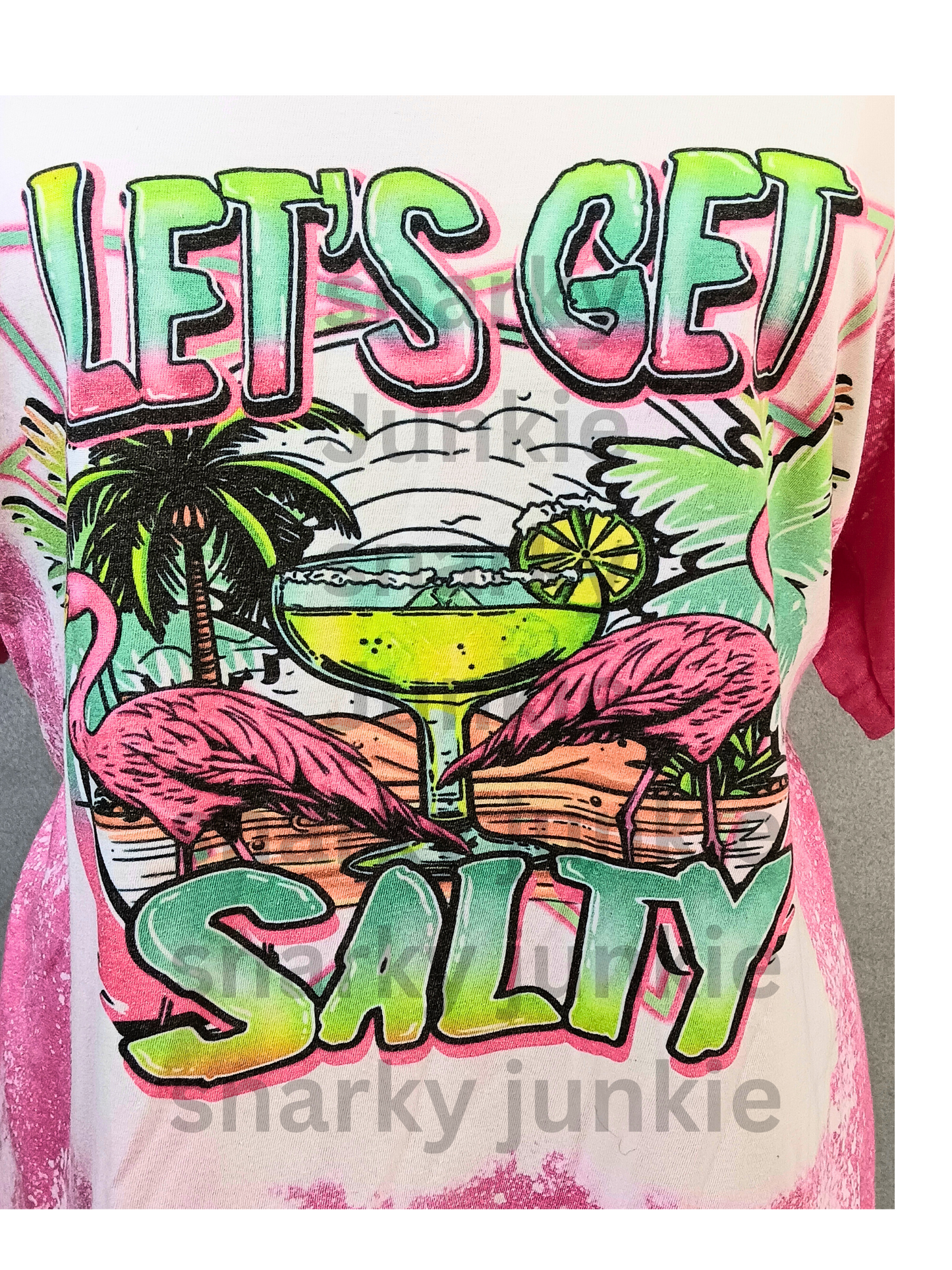 Let's Get Salty Bleached Sublimated Margarita and Flamingo T Shirt