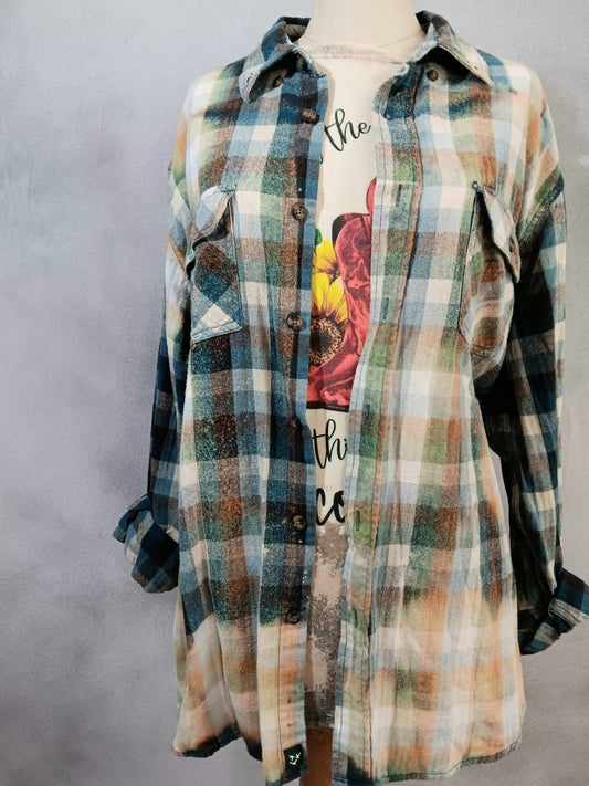 Blue, Green, Brown and White Checked Bleached & Repurposed Flannel Shirt